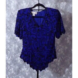 Vintage 80s Silk Blouse 1980s Royal Blue & Black Beaded Art Deco Goth Size Small